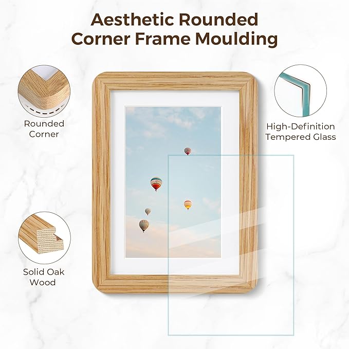 16x16 Picture Frame, Square 16 by 16 Frames for Wall - Solid Oak Wood & Tempered Glass, 16 x 16 Wood Frame Matted to 12 x 12, Square Picture Frame 16"x16" for Home Decor, Natural Oak Color, 1 Pack
