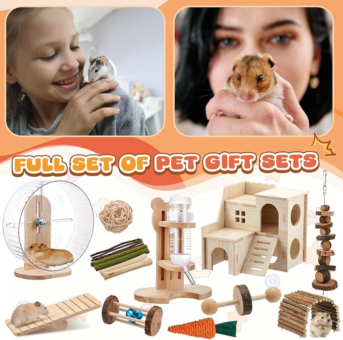 18 Pcs Hamster Cage Accessories Silent Hamster Wheel 15 Toys Set | Maze Wood House and Water Bottle Set for Rat Mice Small Animals Habitat Decor Enrichment Starters(Fun Interactive Style)