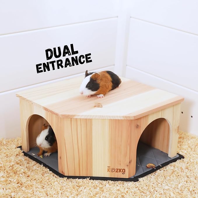 Wooden Guinea Pig Corner Hideout - Hidey for Chinchilla, Rat and Hedgehog with Pee Pad, Fully Assembled & Dual Entrances - Guinea Pig Accessories by The Kozko Hut
