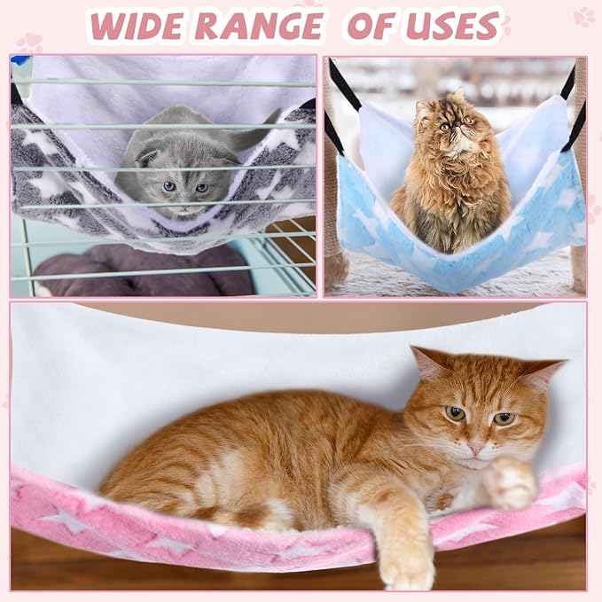 Geelin 4 Pcs Cat Hammock Hanging for Cage Bed, Large Star, 16 x 20 Inch | Reversible Soft Pet Sleeping Hammocks with Adjustable Strap, Metal Hook, for Cat, Ferret, Puppy, Rabbit, Kitten, Small Animal