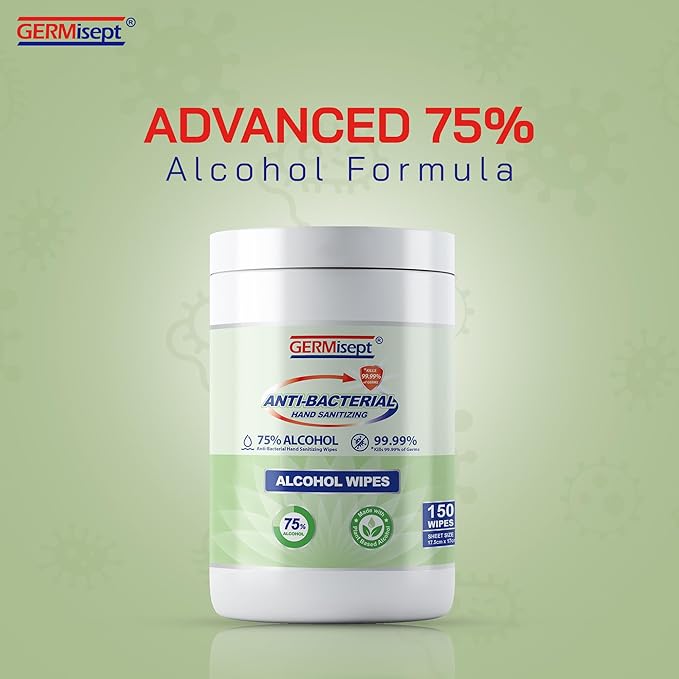 Germisept Hand Sanitizing Wipes - 75% Alcohol Wipes in Easy Dispensing Canisters - Durable Traction Cleaning - Enriched With Aloe (4 Canisters = 600 Wipes)