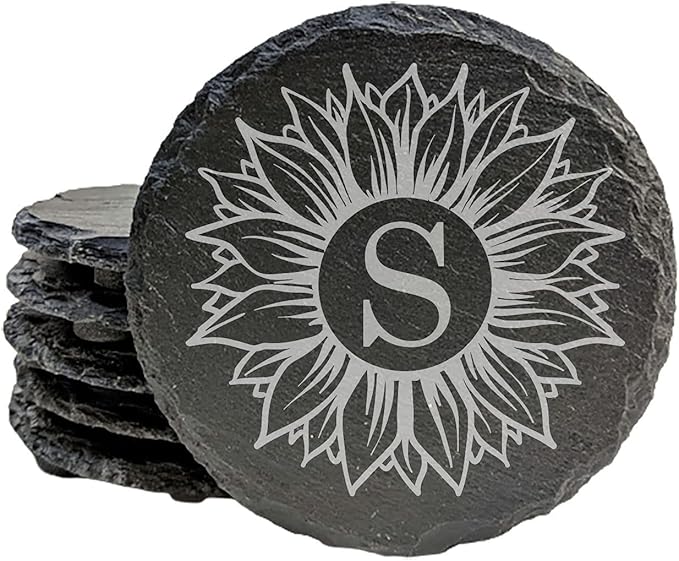 Personalized Monogram Family Coasters, Natural Stone Set, Birthday, Wedding, Customized, Rustic - Round Slate - Set of 5