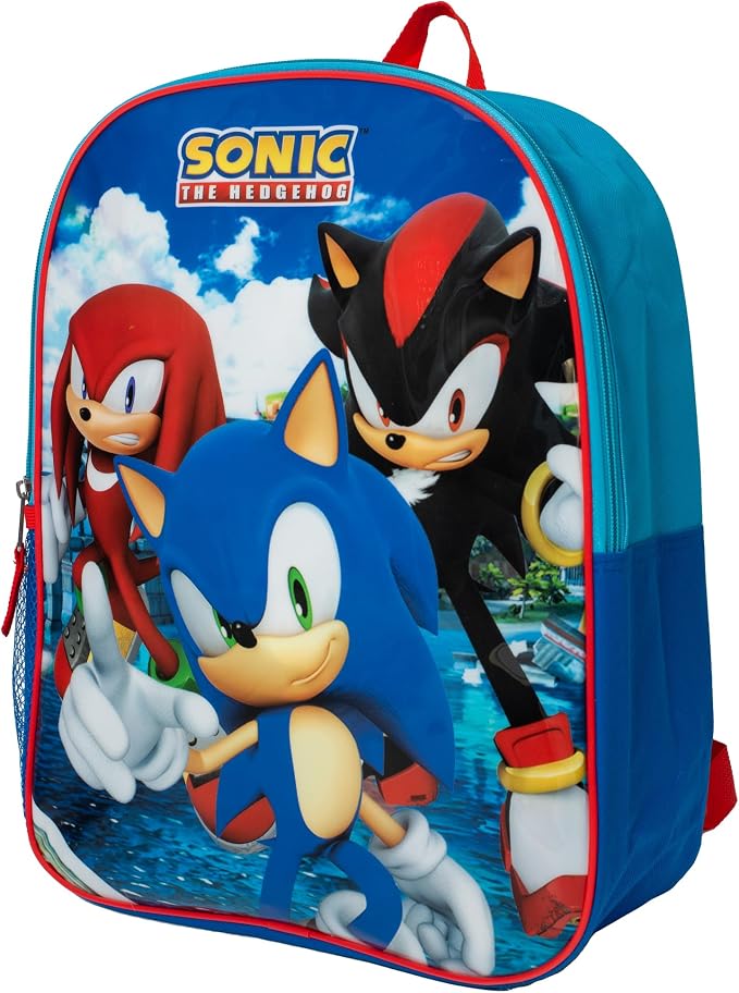 AI ACCESSORY INNOVATIONS Sonic The Hedgehog Kids Backpack, Sonic, Knuckles, Shadow 15" School Bag for Girls & Boys, Blue