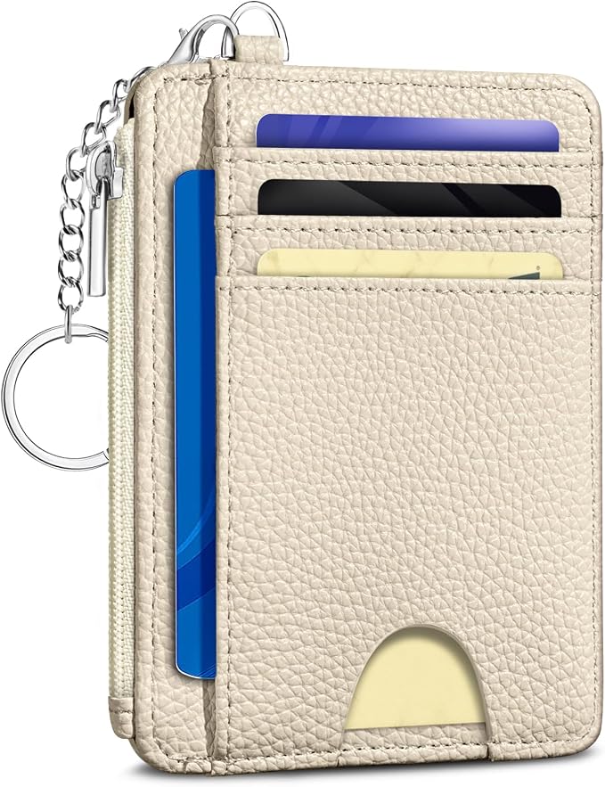 Kelvoris Credit Card Holder Small Wallet Women, Slim RFID, Beige | Keychain, Zipper Coin Pocket, Front Pocket Thin Travel Card Case, Minimalist, 6 Card Slots, 1 ID Window, Ladies Gifts Woman
