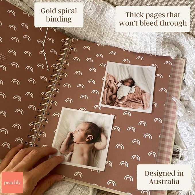 Peachly Unisex Baby Memory Book – Minimalist Baby First Year Keepsake for Milestones, Aesthetic Modern Scandi Baby Book – Gender Neutral, Linen Scrapbook (Charlie)