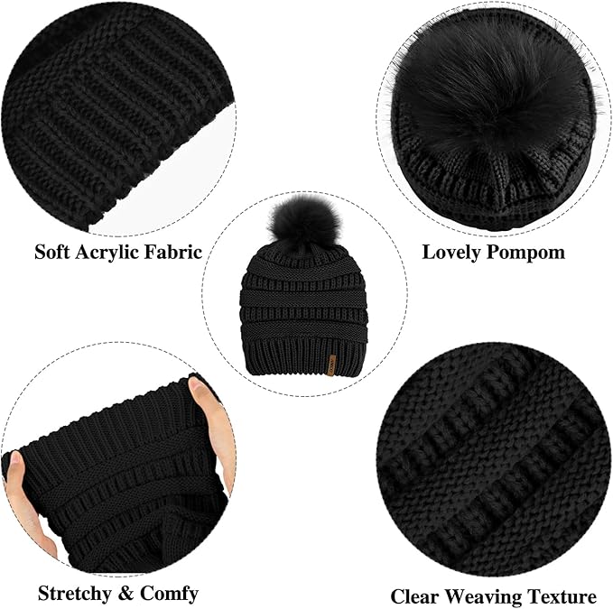 Aneco Womens Winter Warm Sets Knitted Fur Pompoms Beanie Hat Circle Loop Scarf Touch Screen Gloves Winter Favor Accessories