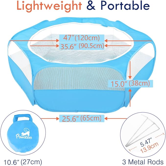 Pawaboo Small Animal Playpen with Zippered Cover,Light Blue | Portable pop-up pet tent for supervised rabbits, guinea pigs, chicks and kittens; water-resistant bottom and 3 metal rods