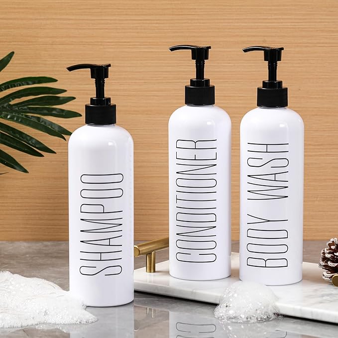 HOMCDALY Shampoo and Conditioner Dispenser, 16oz 3-Pack Refillable Pump Bottles, Shampoo Conditioner Body Wash Dispensers Bottles, Bathroom Shampoo Dispenser Set(White