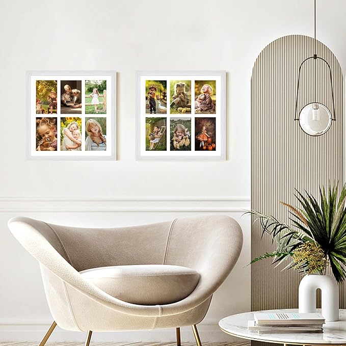 13x13 Collage frame with 6 Openings 4X6 Pictures, Multiple Picture Frame with Mat, Wall or Tabletop Decor, White Wood Grain,2 Pack
