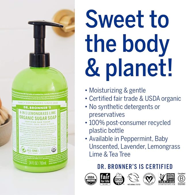 Dr. Bronner's - Organic Sugar Soap (Lemongrass, 64 Ounce) - Made with Organic Oils, Sugar and Shikakai Powder, 4-in-1 Use: Hands, Body, Face and Hair