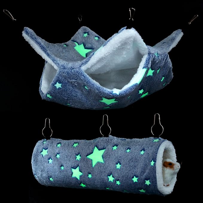 Noctilucent Luminous Guinea Pig Rat Hammock Bunkbed Hanging Tunnel Hideout | Hanging Soft Bed Mat for Ferret Hedgehog Squirrel Hideout Cage Accessories (Tunnel and Bunkbed Hammock)