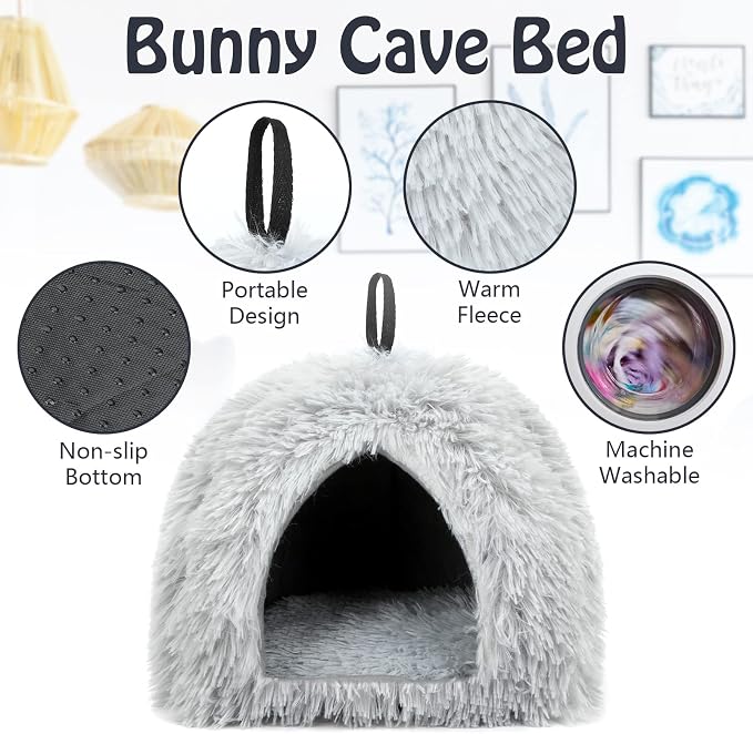 YUEPET Bunny Hideout, Cozy Rabbit Bed House for Small Pets, Grey | Long Plush Guinea Pig Cave Bed, Removable Washable Pad, Non-Slip Base, Warm Rabbit Hideaway for Guinea Pig Ferret