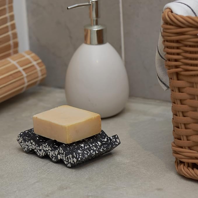 Zig Zag Terrazzo Stone Soap Dish for Bathroom Sink - Concrete Soap Saver for Bar Soap Holder for Shower - Sponge Holder - Self Draining Soap Dish Holder - Kitchen Soap Tray (Black)
