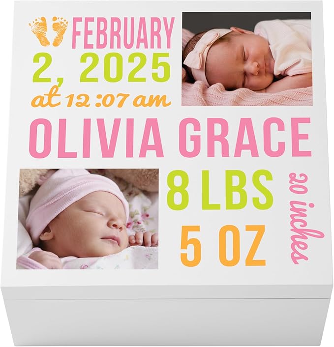 Let's Make Memories Personalized Photo Keepsake Box for New Baby - Memento Storage - Memories Box - Nursery Décor - 12" Sq x 6" H - Bundle of Love - Pink