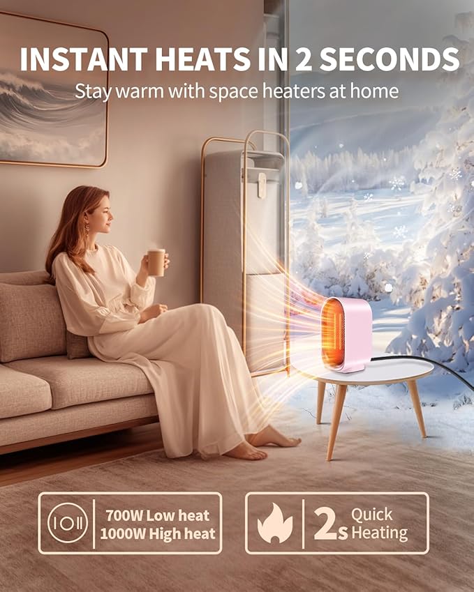 Space Heater, Portable Small Heaters for Indoor Use, Electric Desk Heater with Overheat and Tip-Over Protection, Mini Personal Heaters for Home Office Workspace