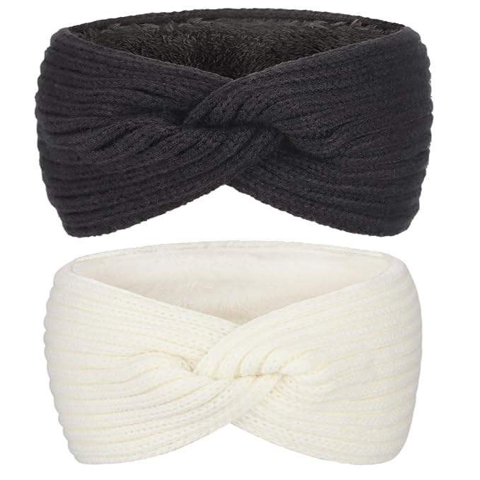 AQOKKA Knit Winter Headbands for Women Fuzzy Wool Fleece Lined Ear Warmers Elastic Turban Crocheted Head Wrap Winter Accessories for Women Cold Weather