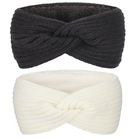 AQOKKA Knit Winter Headbands for Women Fuzzy Wool Fleece Lined Ear Warmers Elastic Turban Crocheted Head Wrap Winter Accessories for Women Cold Weather