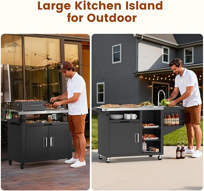 NUUK Outdoor Grill Cart on Wheel, Pizza Oven Table with Sink & Storage, 20"x42" Stainless Steel Prep Table Kitchen Island Cabinet for Backyard BBQ