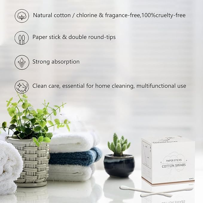 Cotton Swabs with Paper Sticks 1000ct, Double Round Cotton Buds for Beauty& Personal Care