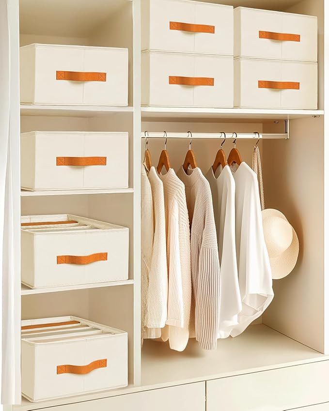 Clothes Organizers and Storage - 4/5/7 Grids Fabric Jeans Organizer with Handles, Foldable Closet Organizers Dividers, Wardrobe organizer for Pant, Sweater, T-shirt, Scarf, 6 Pack, Beige
