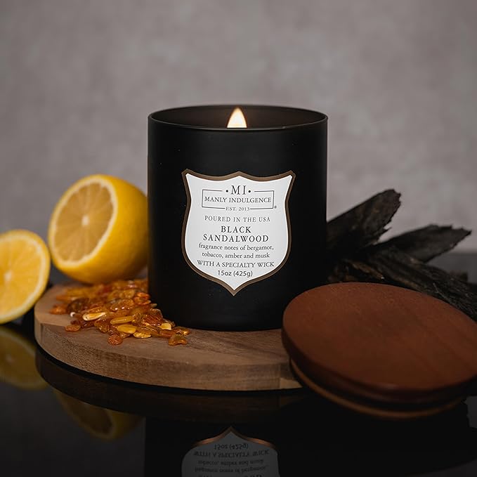 Manly Indulgence Black Sandalwood Scented Candle for Men 15 oz – Bergamot, Tobacco, Amber & Musk - Wood Wick - Up to 60 Hours Burn - Soy Blend Wax, USA Poured – Signature Collection