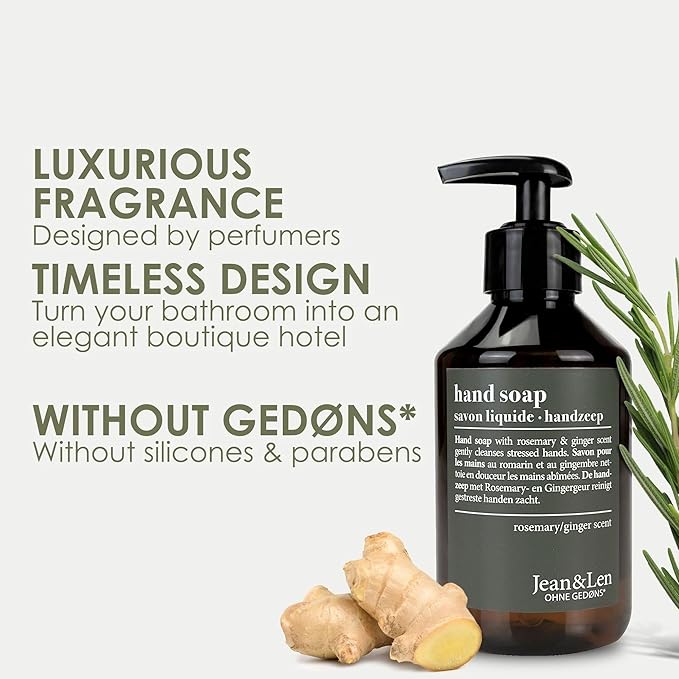 Jean & Len Hand Soap Rosemary & Ginger, with Hand Cream, liquid soap in dispenser gently cleanses hands, hand cream nourishes intensively, paraben free, Soap 8.4 Fl. Oz. + Hand Cream 2.54 Fl. Oz.