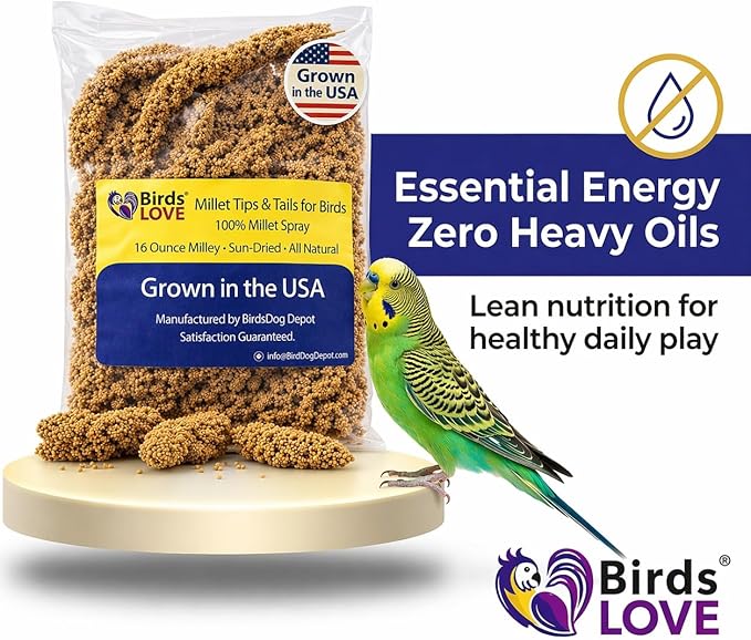 Birds LOVE® Millet Tips & Tails for Birds – Premium Spray Millet Treat, Grown in the USA – Natural & Healthy Bird Food for Parakeets, Cockatiels, Budgies, Lovebirds, Finches, Canaries & Parrots – 1 lb