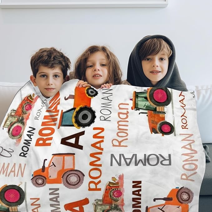 Personalized Tractors Blanket - Custom Name with Farm Tractor Trucks Design - Soft Plush Flannel Bed Blanket for Baby Kid Teen Boys Girls Customized Gifts White & Orange