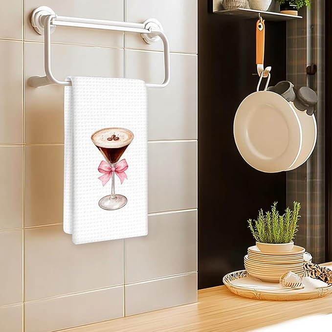 Espresso Martini Decor Bow Kitchen Towels, Coquette Bow Espresso Martini Gifts Hand Towels, Pink EspressoMartini Dish Towel Tea Towel for Kitchen Home Bar Cart Decor, 16x24In
