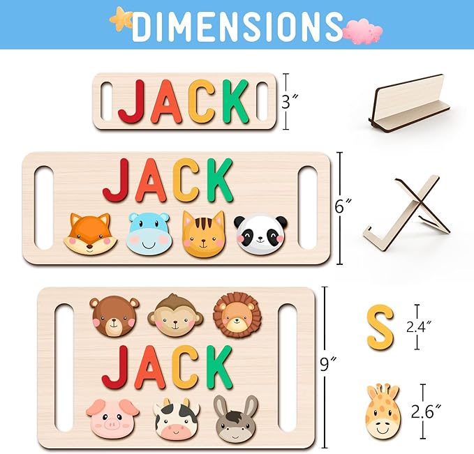 Name Puzzle for Kids Personalized, First Birthday for Baby Boy Girl, Wooden Name Puzzles with Hollowed-Out Handle for Toddlers 1-3, Educational Toys for 1 Year Old (Animal)
