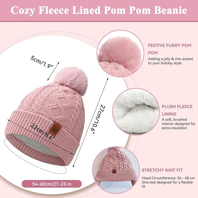 QUIRAI Winter Hat Gloves Scarf Set Women, Fleece Lined Beanie with Pom, Scarf Neck Warmer Touchscreen Gloves 3 in 1 Gift Set