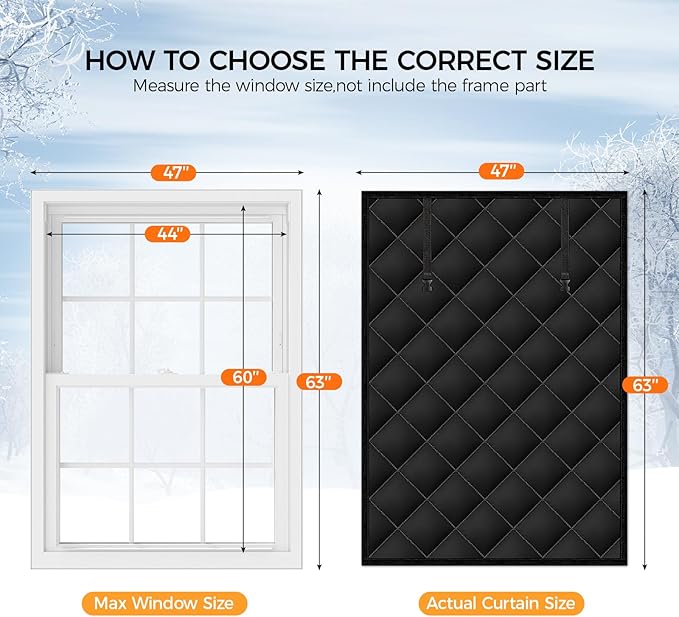 63" x 47" Thermal Window Cover，Oxford Fabric Window Cover for Winter, Window Insulation for Winter to Keep Warm, Window Insulation Kit for Home RV Basement–Black
