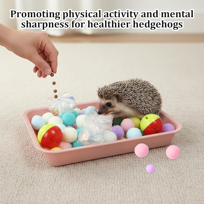 Hedgehog Dig Box Tray, Fun Foraging & Digging Hedgehogs Toy, Includes Rich Colors Balls, Hedgehogs Accessories for Hamsters, Ferrets and Other Small Animals (Pink)