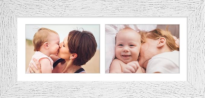6x15 Picture Frame Display 2 opening 5X7 Double Picture Frame Collage,Multi Photo Frame with Mat,Plexiglass,Horizontal and Vertical Formats for Wall Decor,Distressed White Wood Grain
