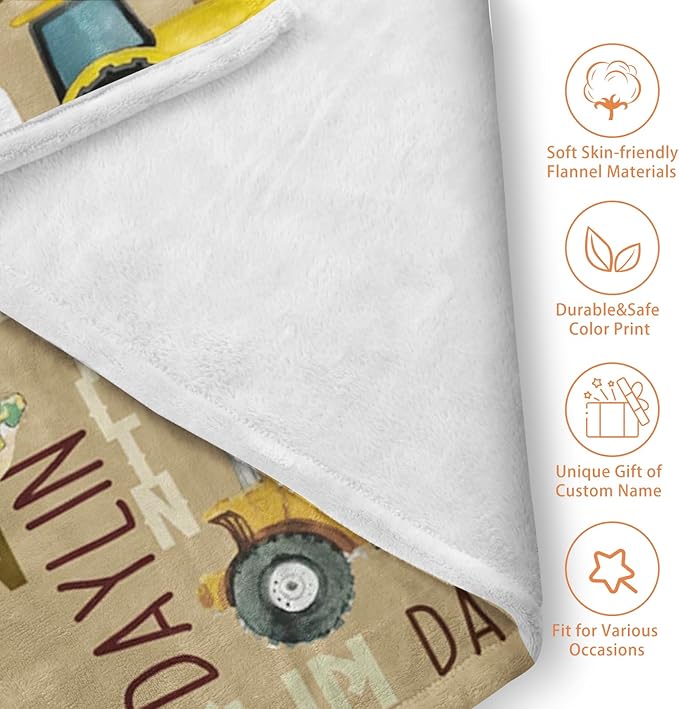 Personalized Tractors Blanket - Custom Name with Farm Tractor Trucks Design - Soft Plush Flannel Bed Blanket for Baby Kid Teen Boys Girls Customized Gifts Khaki