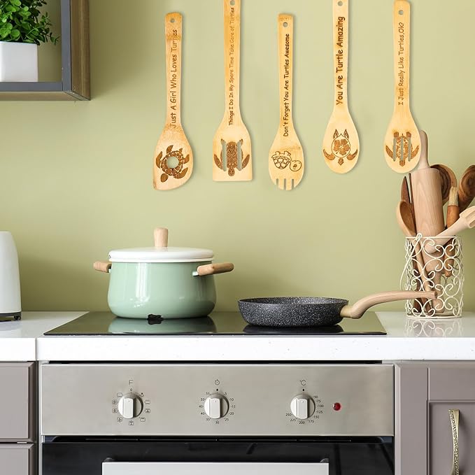 5PCS Turtle Wooden Cooking Spoons Set Bamboo Cooking Spoons | Turtle Kitchen Decor Housewarming Wedding Kitchen Gift Idea Gifts for Women Ocean Lovers