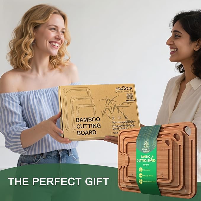 Wood Cutting Boards For Kitchen, Bamboo Cutting Boards With Deep Juice Grooves & Built-In Handles, Charcuterie Board & Chopping Board 2-In-1 Design Wooden Cutting Board New Home Gift ideas for Women