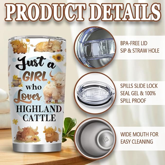 Highland Cows Cup Tumbler Travel Mug with Brush & Straw 20oz Cow Gifts | Cute Cow Gifts for Women Girls Mom Friends Lovers Cowgirl, Farming Gift for Christmas Birthday, 1 PCS