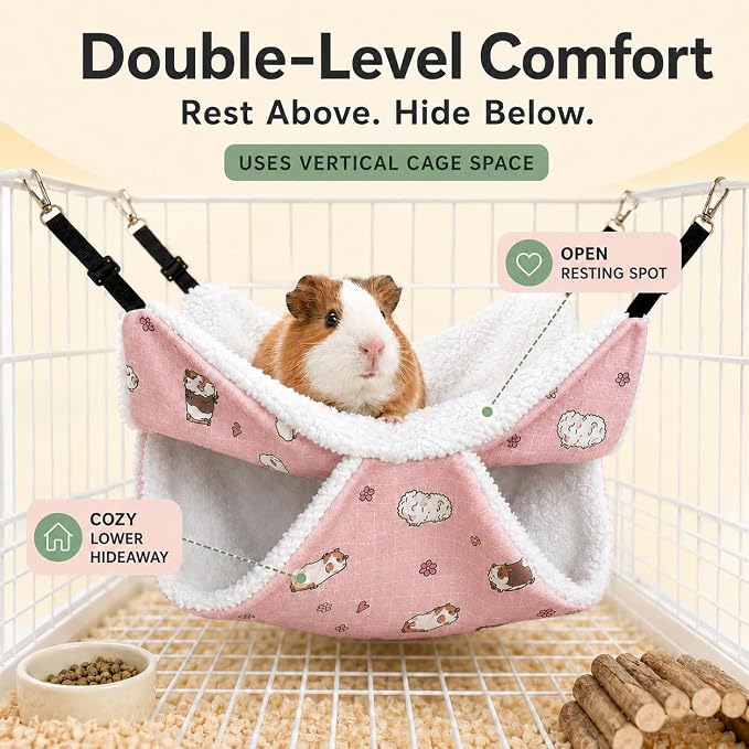 Small Pet Hammock & Tunnel Set for Ferrets, Guinea Pigs, Rats - Plush Hideout Bed & Cage Toy, 2-Pack, Pink Guinea Pig Print