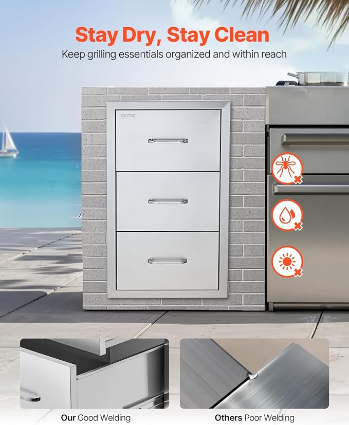 VEVOR Outdoor Kitchen Drawers 17W x 30H x 21D Inch, Outdoor Kitchen Cabinets, Stainless Steel Double Access Drawers, with Paper Towel Holder, Combo for BBQ Island Drawers or Grill Station