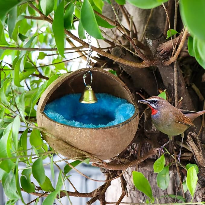 2 Pack Natural Coconut Shell Bird Nest with Pads for Small Parrots | Bird cage house, parakeet nesting box practical bird bed cage accessory resting and breeding shelter for small medium birds
