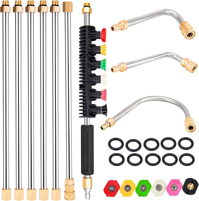 Pressure Washer Extension Wand, Power Washer Lance, Gutter Cleaning Tools for Pressure Washer with Spray Nozzle Tips, 30°, 90°, 120° Curved Rod, 1/4" Quick Connect, 4000 PSI