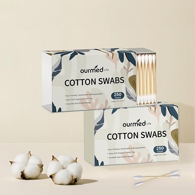 Ourmed Life Cotton Swabs - Biodegradable Bamboo & Cotton, Double-Tipped Cleaning Swabs with Pointed & Round Tips, Hypoallergenic for Ear, Makeup, Eye Makeup Removal, Nail Polish Touch-Ups (1000 Ct)