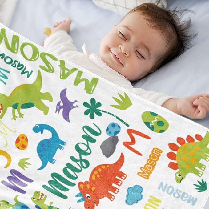 Personalized Dinosaur Blanket with Name for Boys, Customized Gift for Birthday, Christmas, Baby Shower, Soft Flannel Dinosaur Toddler Blanket, 30" X 40"