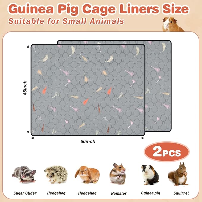 2Pcs Guinea Pig Cage Liners,Guinea Pig Fleece Cage Liners48''X60'' Super Absorbent Washable Pee Pads Reusable for Rabbit Hamster Chinchilla