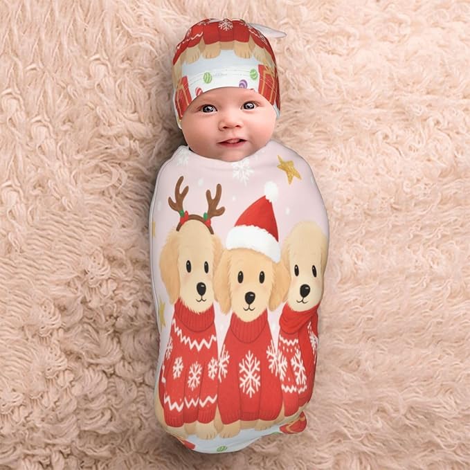 Christmas Baby Swaddle Blanket and Hat Set for Newborn Boys Girls Soft Infant Wrap Sleep Merry Christmas Dog