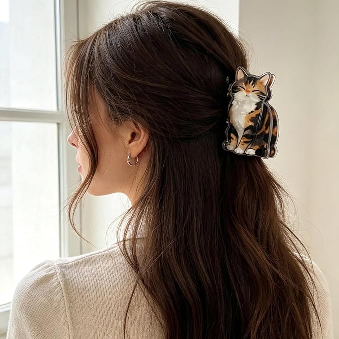Tricolor Tabby Cat Hair Claw Clips Kitten Hair Clips Animal Hair Jaw Clips | Cute Closed Eyes Sitting Kitten Hair Barrettes Acrylic Tortoiseshell Cat Clamp Orange Brown White Pet Cat Hair Accessories