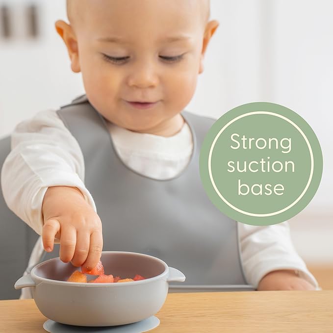UpwardBaby Silicone Baby Bowls & Spoon Set - 4-Piece Set, Gray, Mint & Blue - Suction Bowls for Baby & Toddler, Dishwasher & Microwave Safe, Self-Feeding Spoon