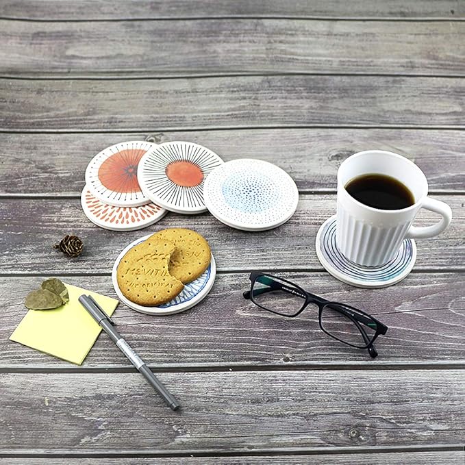 AD Set of 6 Coasters for Drinks Absorbing Round Ceramic Stone Coaster with Cork Base Tabletop Protection Mat for Mugs and Cups,Office,Kitchen (Colorful Series)