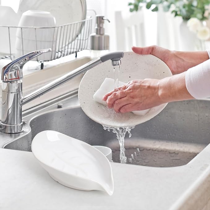 Soap Holder, Self-Draining Soap Dish, White Leaf Shape Ceramic Bar Soap Holder Drain Soap Dishes for Bathroom Sink Kitchen, Easy to Clean Keeps Soap Dry, ANTIS'S HOME